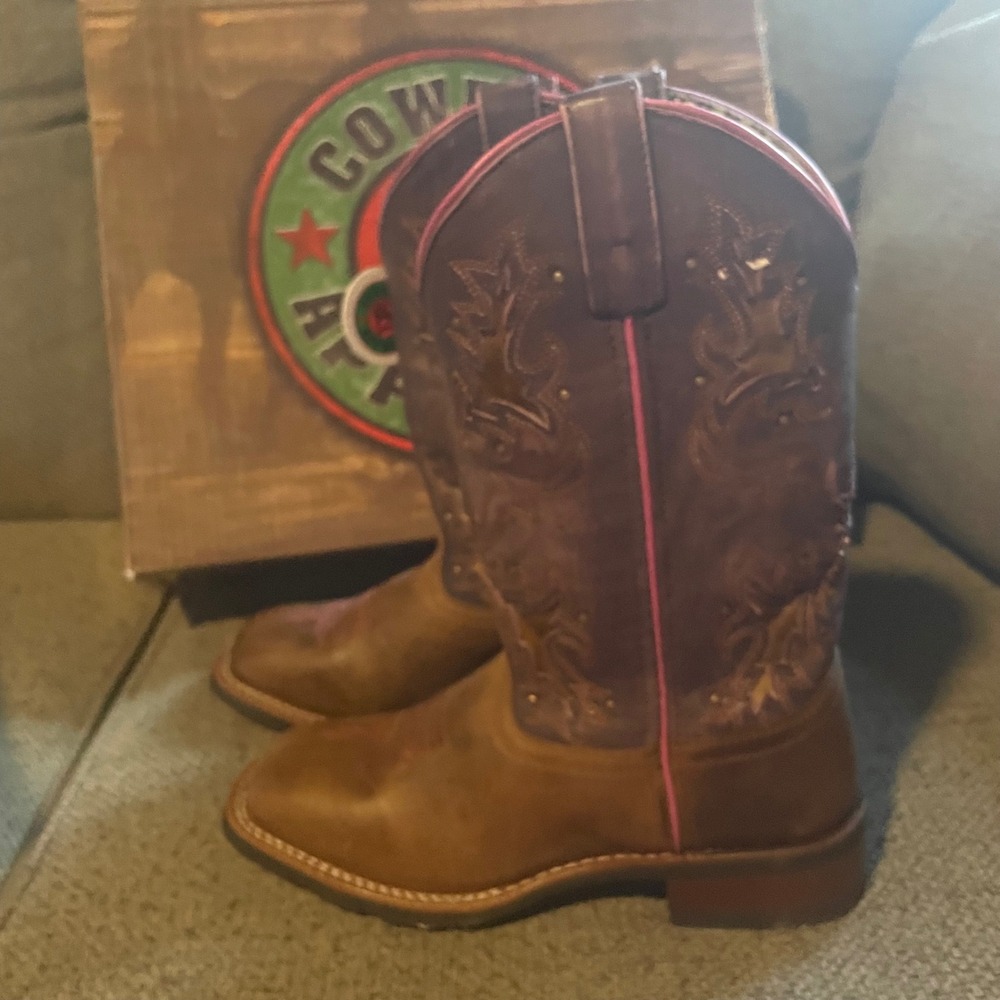 Laredo Cowboy Approved Tan & Purple Leather Western Boots Women's Size 8.5 M‎